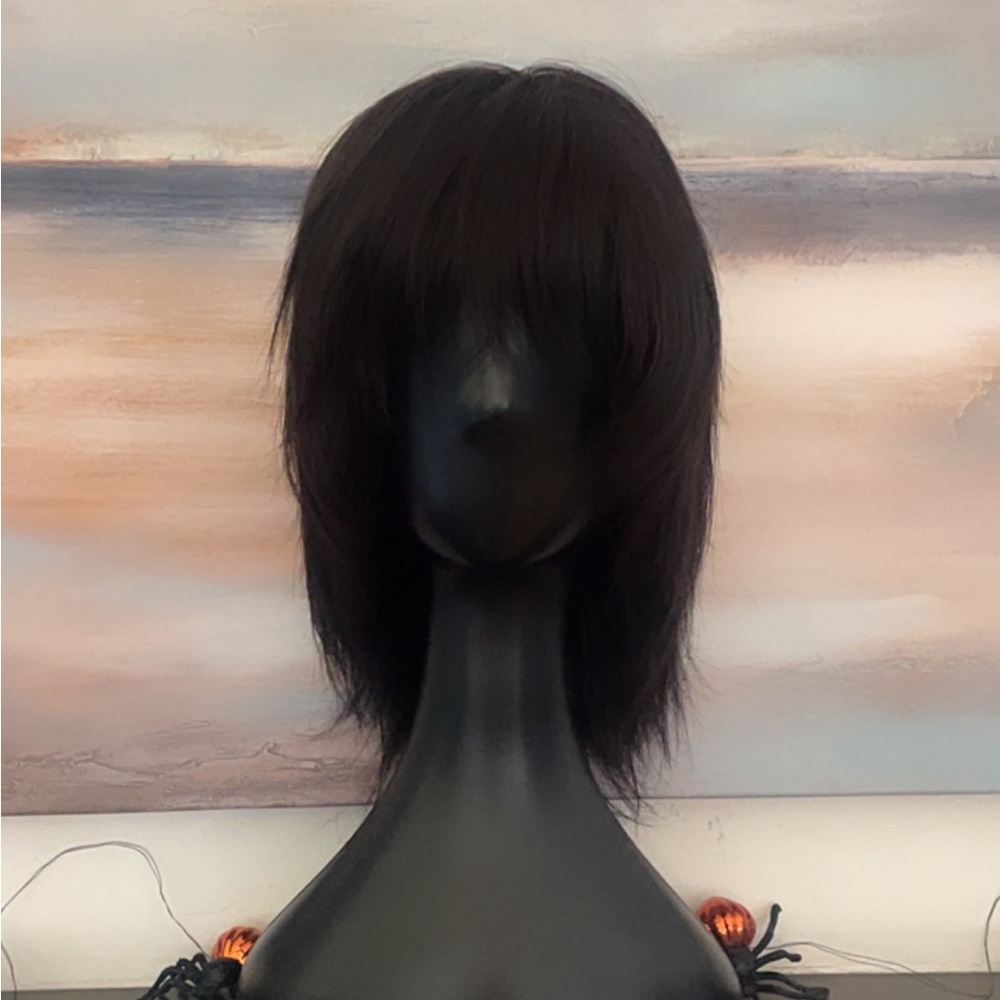 Full Lace 100% Human Hair Dark Brown Shag Wig With Bangs